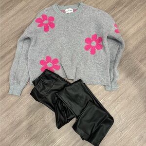 Gray Sweater with Pink Floral Design and Black Pants